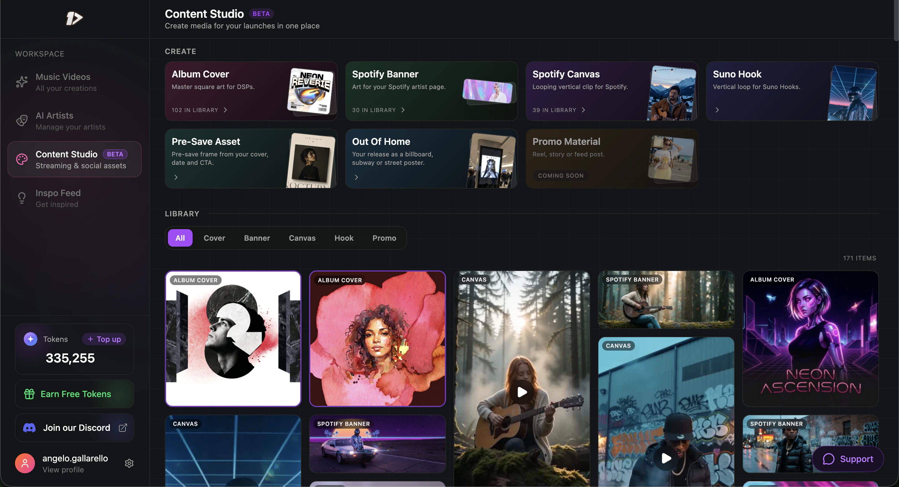 One More Shot AI web app — Content Studio asset library