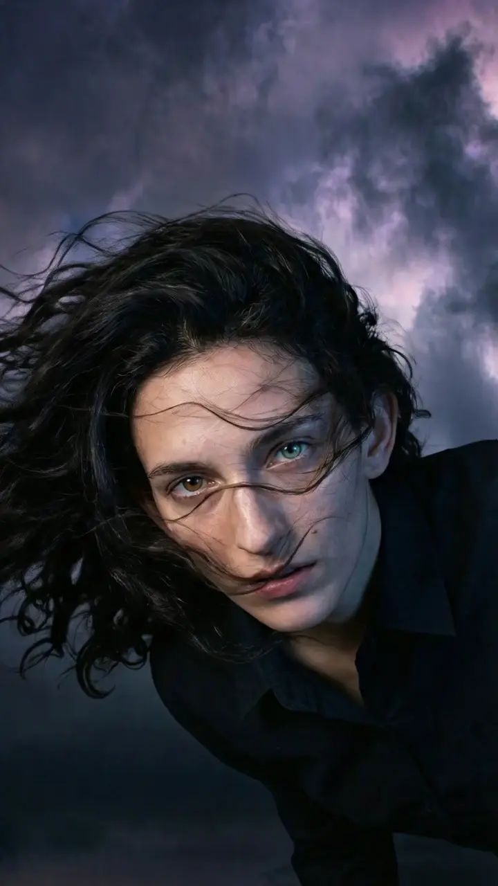AI-generated artist portrait — stormy editorial look